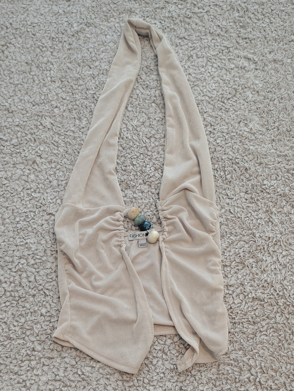 Fashion Nova Beige Halter Tank Top with Decorative Beads